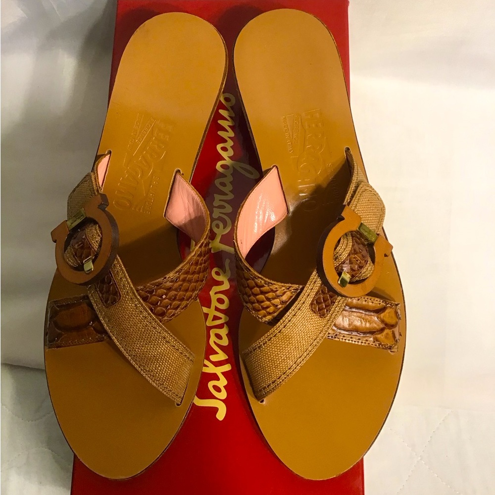 Ferragamo Croc Embossed Leather Strap Slide Heel